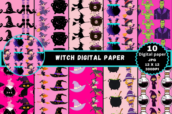 Pink Witch Digital Paper: 10 Seamless Halloween Patterns for Creative Freedom