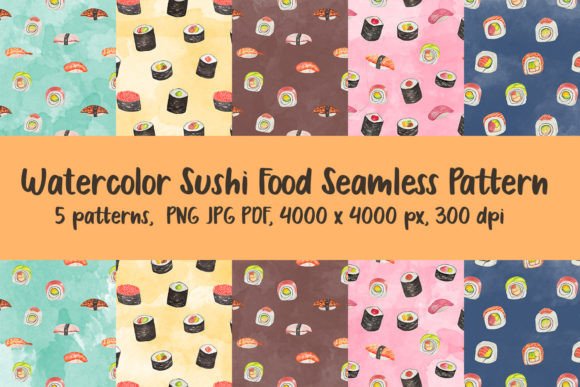 Watercolor Sushi Seamless Pattern PNG